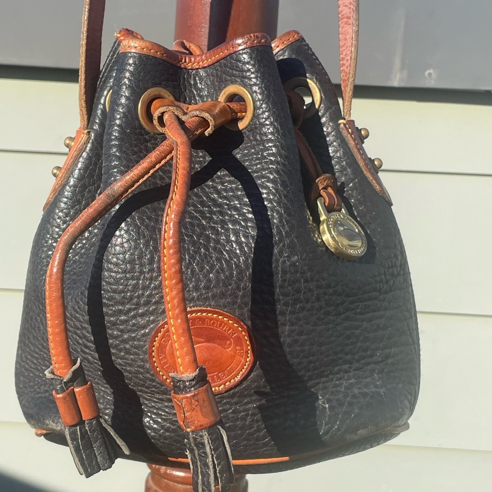 Dooney & Bourke Black and Tan Mini Drawstring Bag Vintage Crossbody Bucket Bag